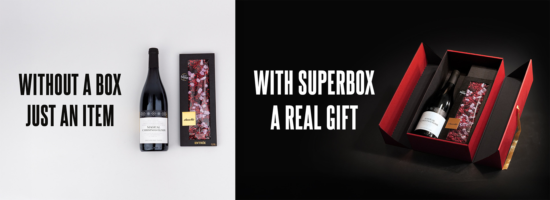 A split image showing a bottle and chocolates "without a box" on one side, and a gift set "with SUPERBOX" on the other